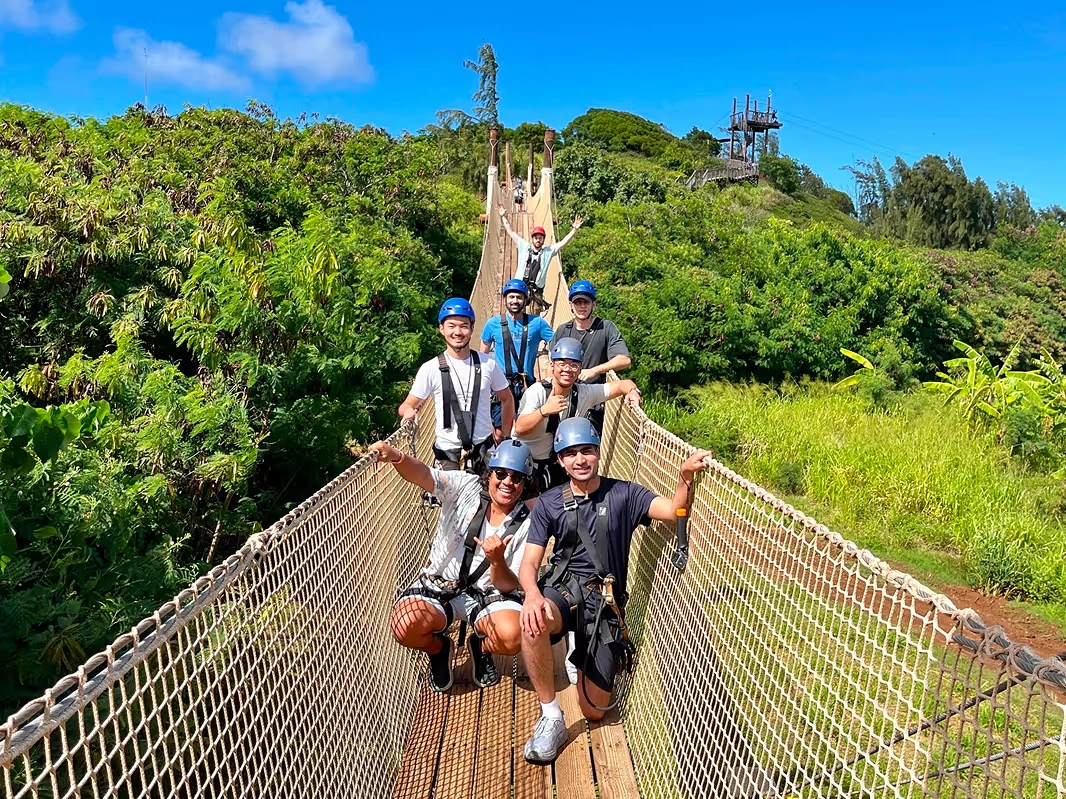 Team off-site on a jungle bridge